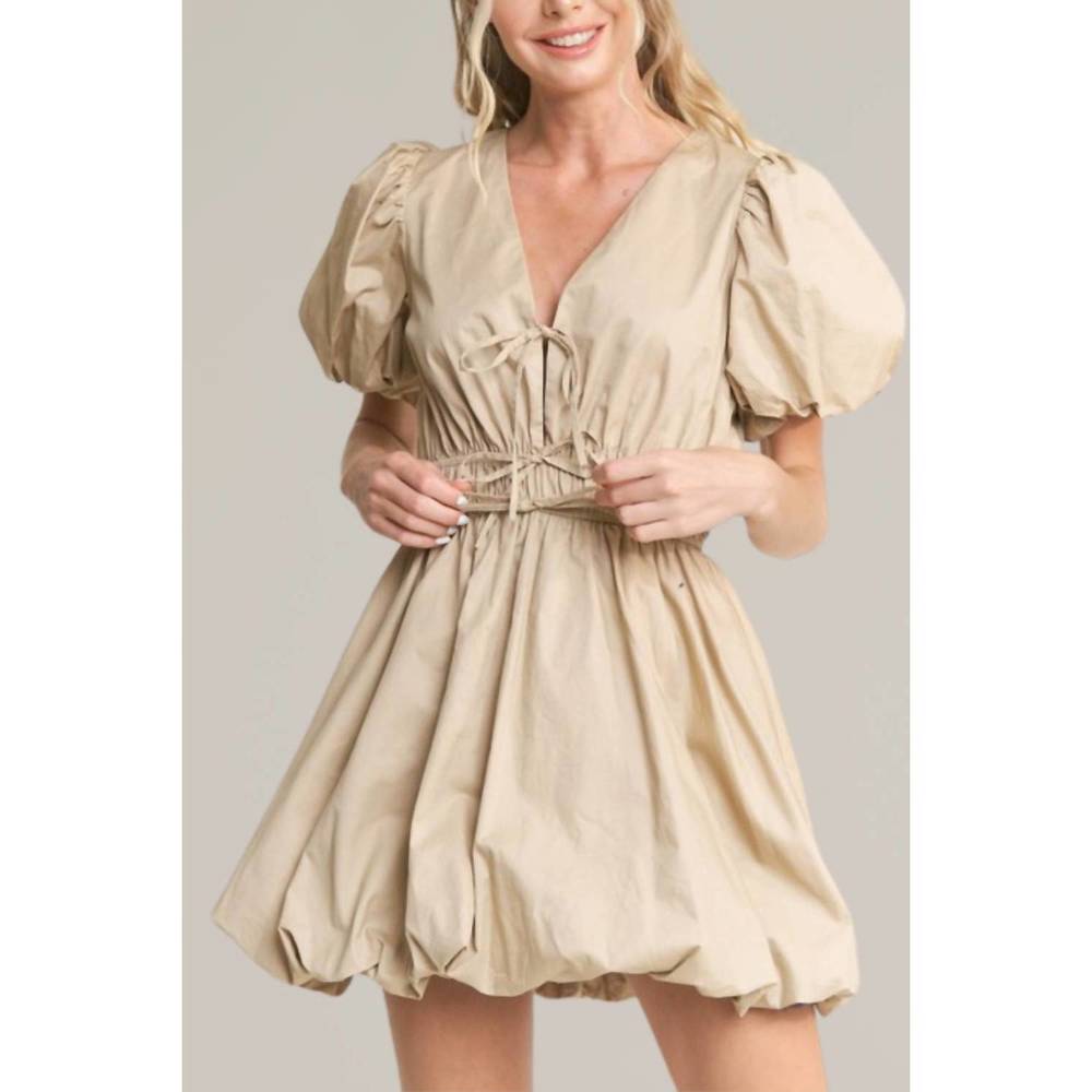 Bubble-hem tie-front mini dress in khaki